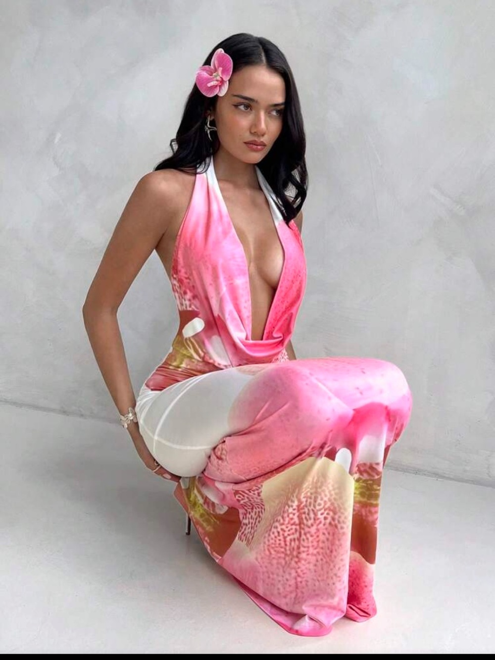 Pink Floral Halter Maxi Dress